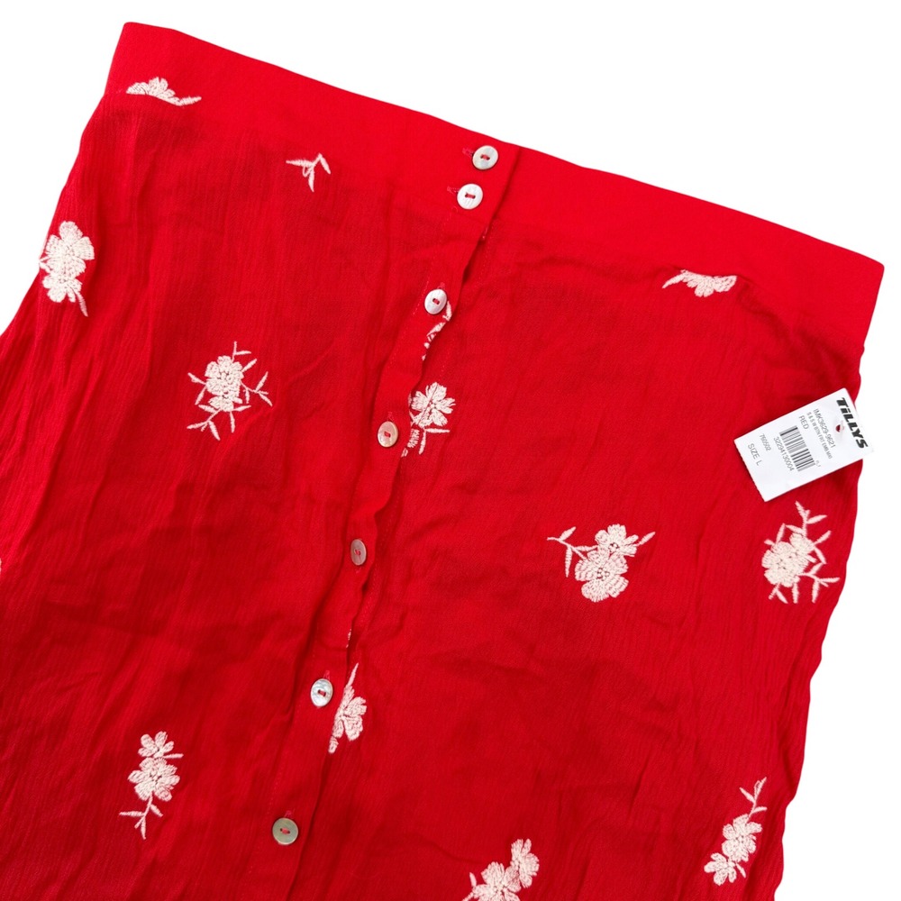 Sky and Sparrow Red Floral Embroidered Button Front Maxi Skirt Womens Large NEW